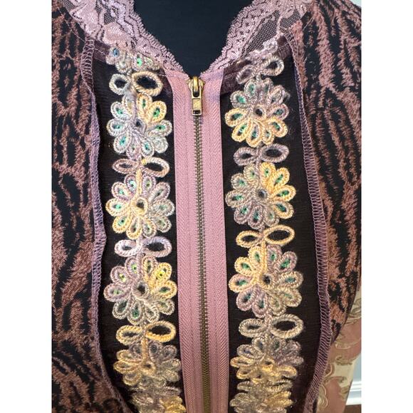Jaipur 90's Y2K Pink Lace Floral Zip Long Sleeve Top Fairy Sequin Metallic XL - Picture 5 of 10
